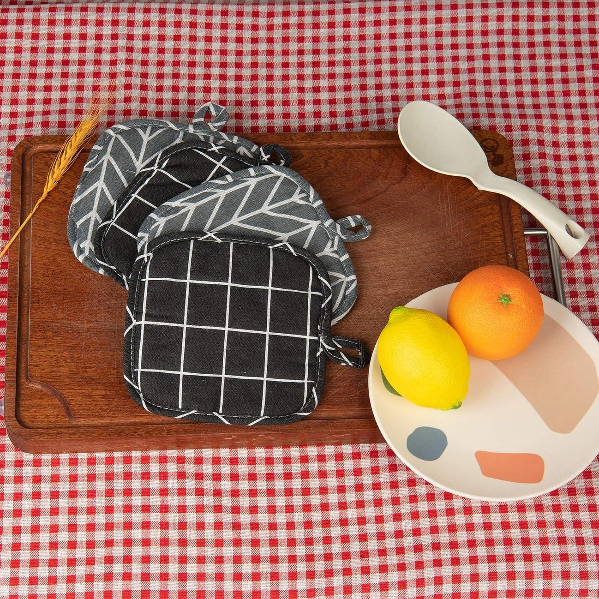4er Set Hitzebeständige Baumwolle Topflappen 18x18cm Schwarz Grau