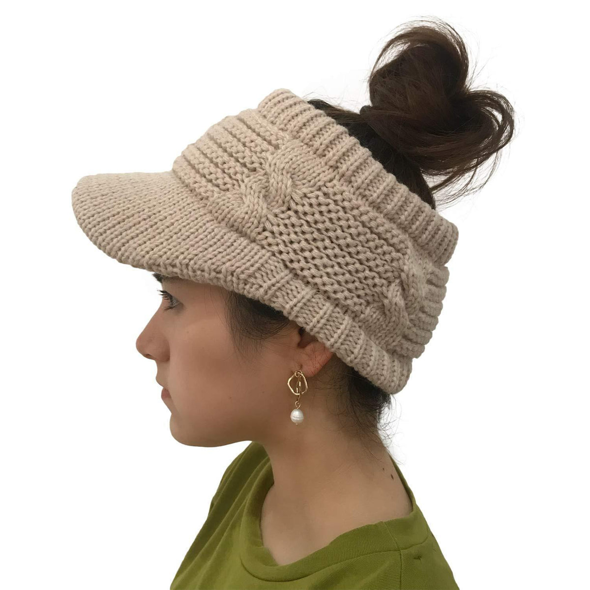 Strickmütze mit Pferdeschwanz-Öffnung, warm, beige