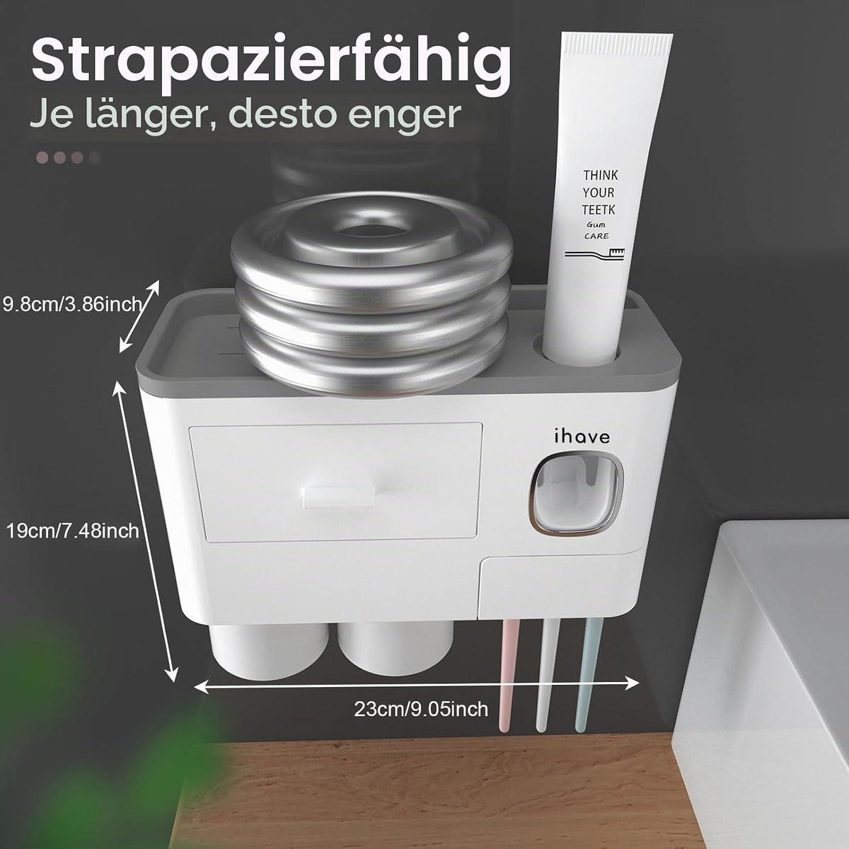 Zahnbürstenhalter Wand mit Spender & Schublade – Weiß