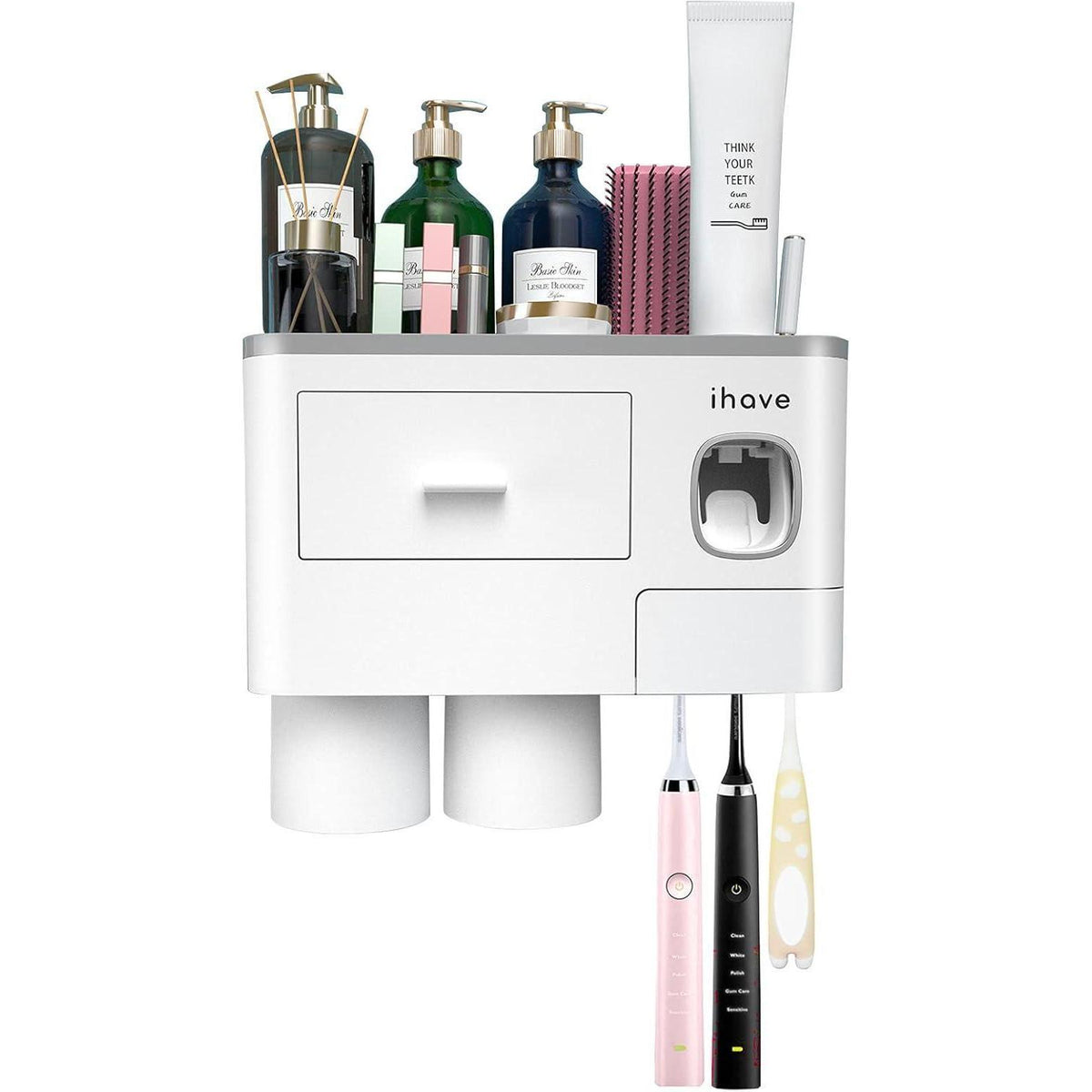 Zahnbürstenhalter Wand mit Spender & Schublade – Weiß