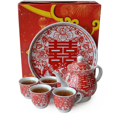Chinesisches Tee-Geschenkset mit Teekanne & 4 Tassen – Double Happiness