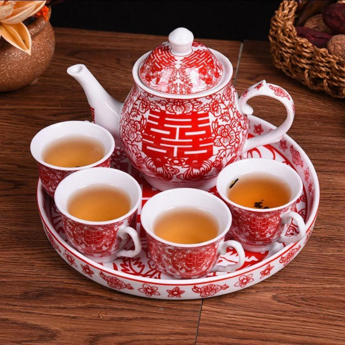 Chinesisches Tee-Geschenkset mit Teekanne & 4 Tassen – Double Happiness