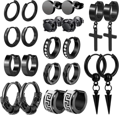 11er Set Edelstahl Ohrringe Ohrstecker Creolen Schwarz Unisex