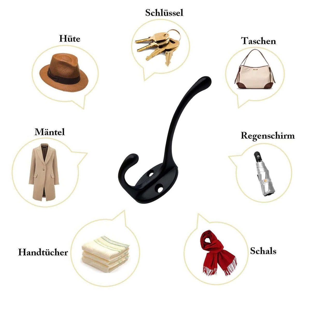 10x Kleiderhaken Schwarz Matt Vintage Wandhaken für Garderobe