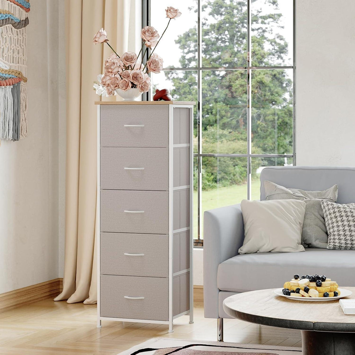 Somdot Kommode mit 5 Stoffschubladen – Aschgrau, 30x42x114,5 cm