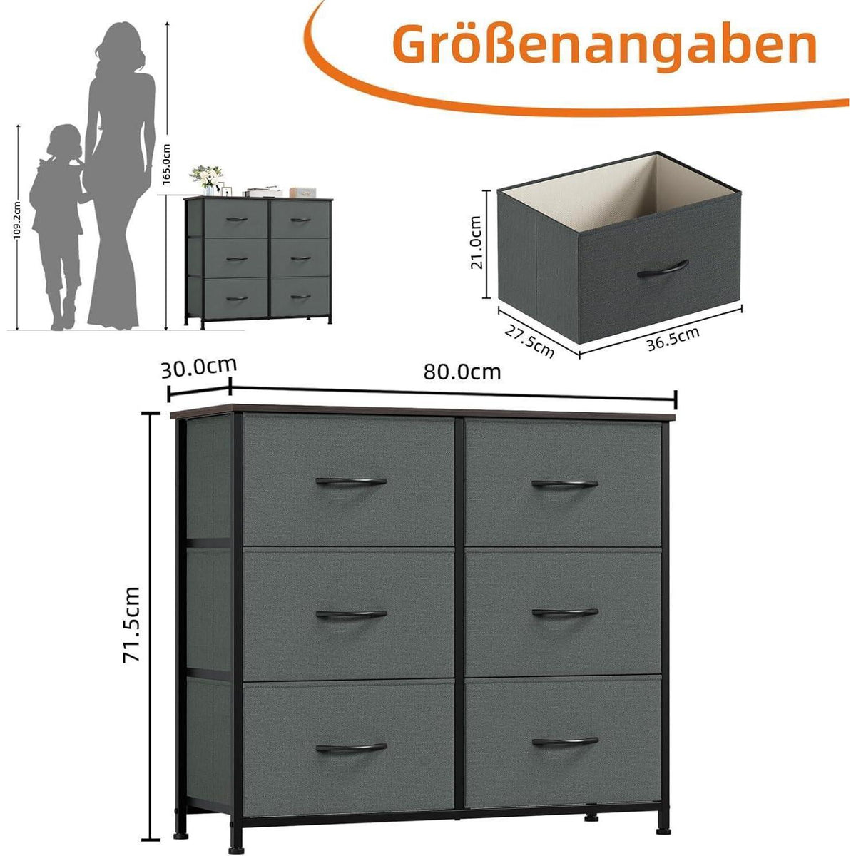 Kommode mit 6 Stoffschubladen – Grau, 30x80x71,5 cm