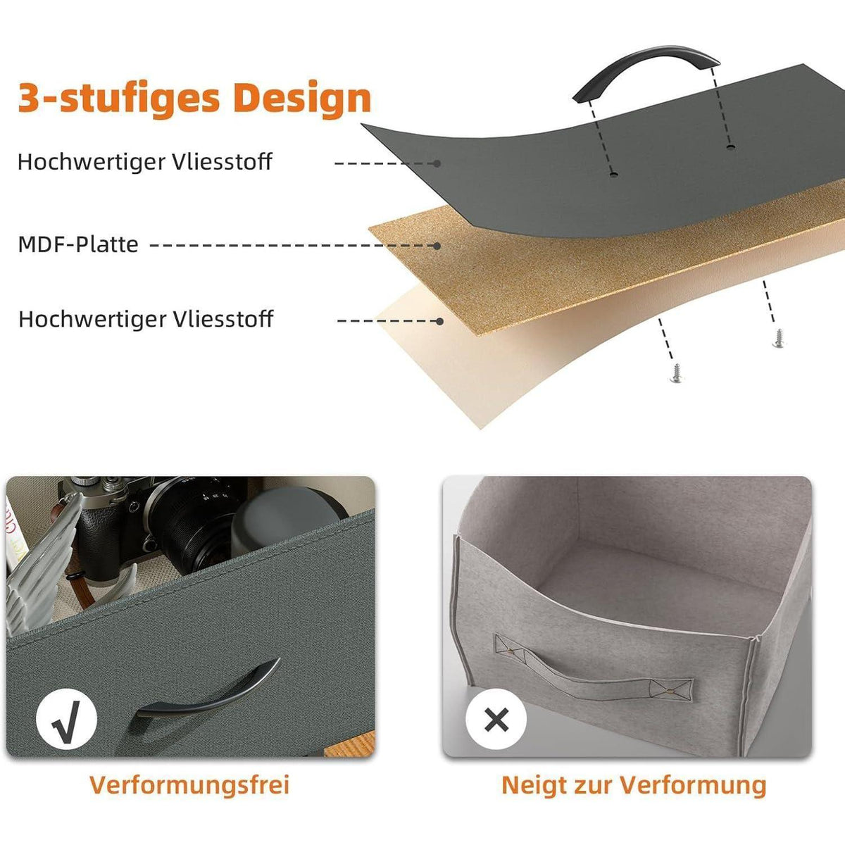 Kommode mit 6 Stoffschubladen – Grau, 30x80x71,5 cm