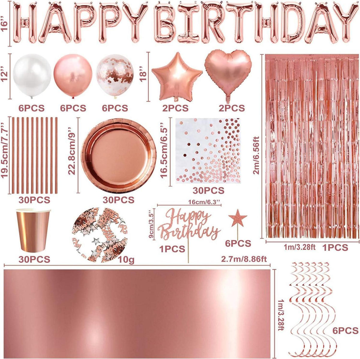 Partydeko Set Rosegold Happy Birthday für 30 Leute
