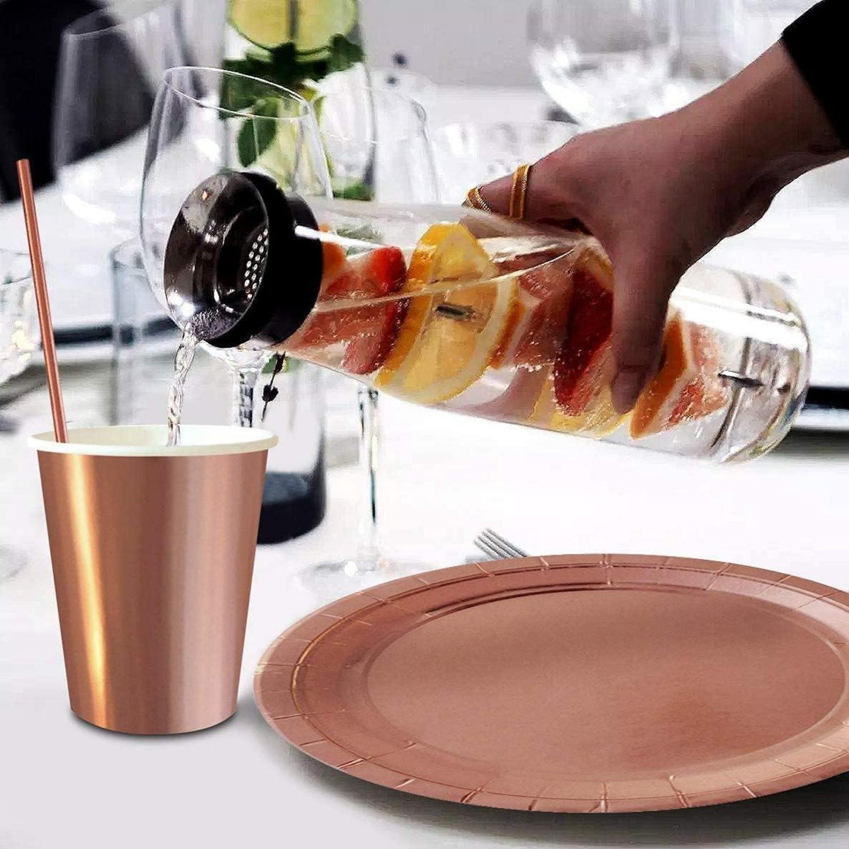 Rosegold Partydeko Set Happy Birthday Girlande Sterne Herz Luftballons Tischdecke Collective Partygeschirr für 30 Personen