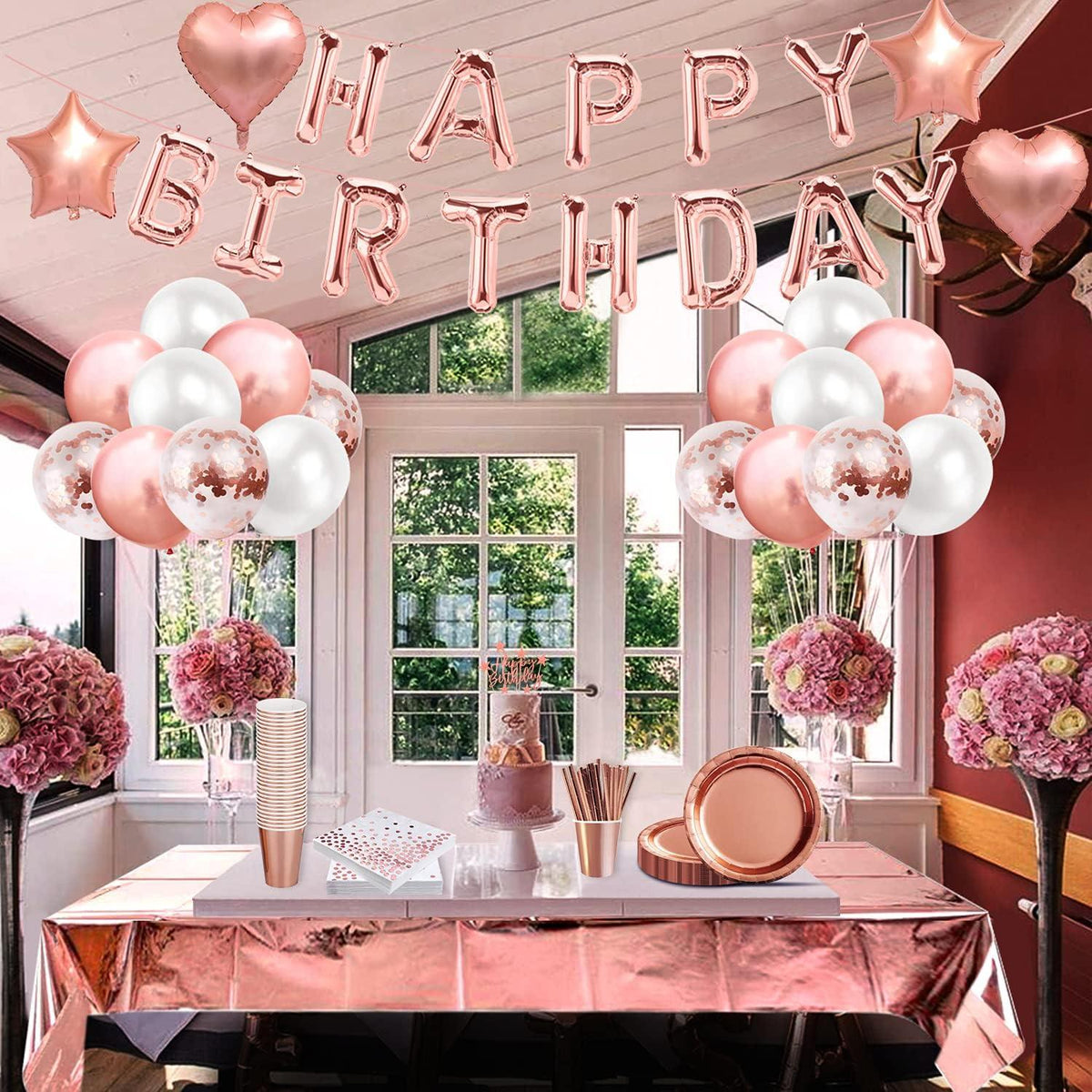 Rosegold Partydeko Set Happy Birthday 30 Gäste Tischdeko Luftballons