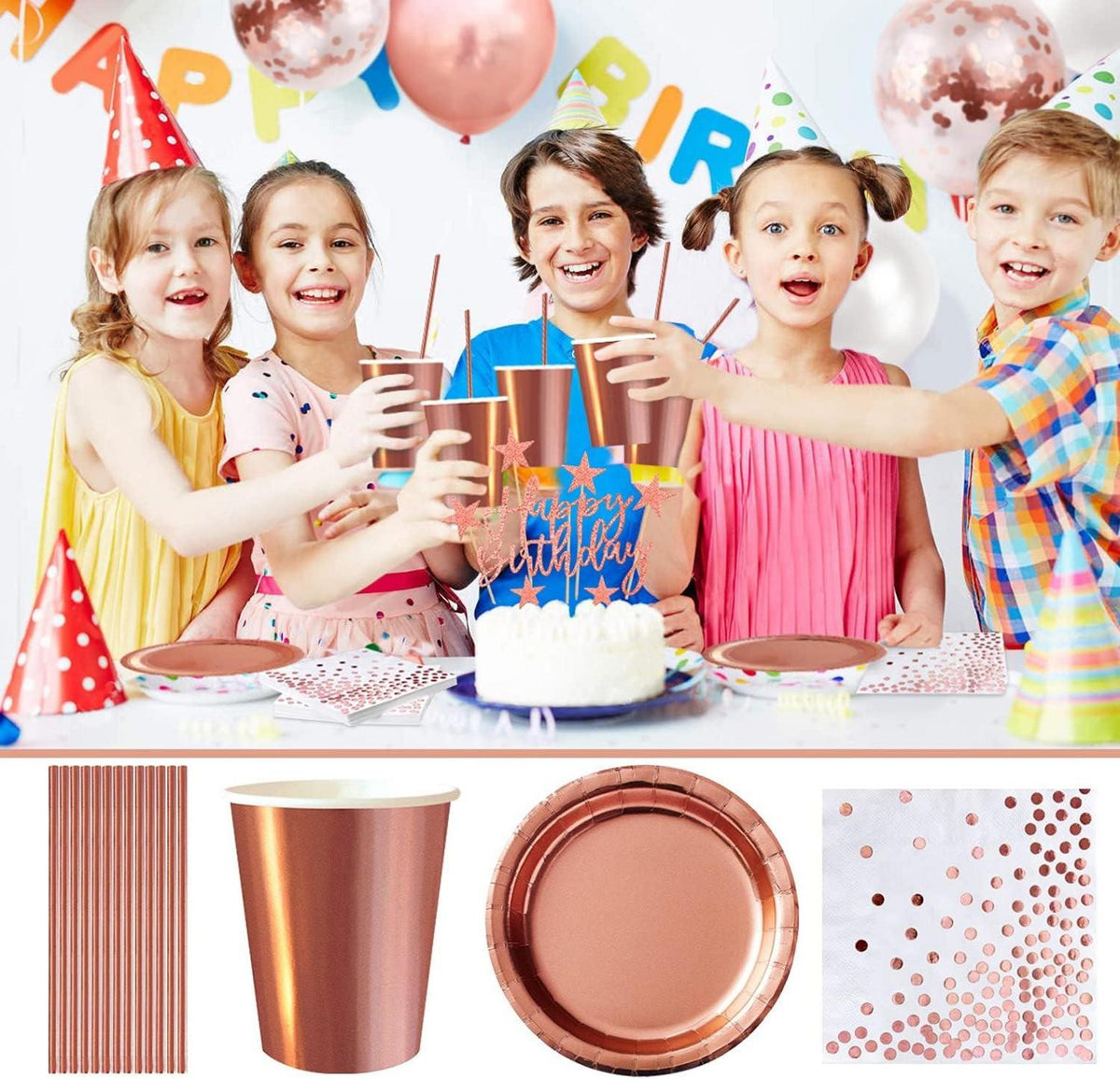 Rosegold Partydeko Set Happy Birthday Girlande Sterne Herz Luftballons Tischdecke Collective Partygeschirr für 30 Personen