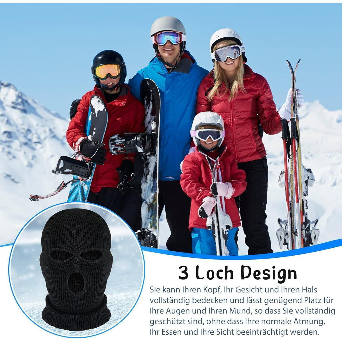 Gestrickte Sturmhaube mit 3 Löchern – Wintergesichtsmaske Schwarz