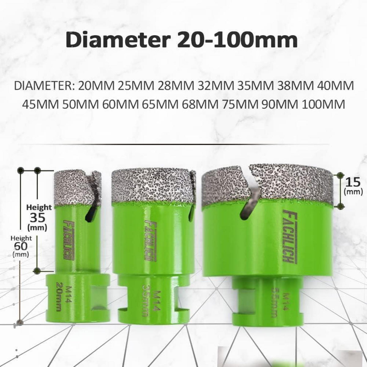 Diamant-Bohrkronen 2 Stk. 90mm M14 Vakuumgelötet für Fliesen & Granit