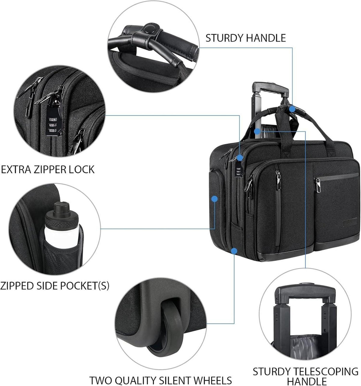 Schwarze VANKEAN 17.3'' Laptoptasche Rollen Handgepäck RFID