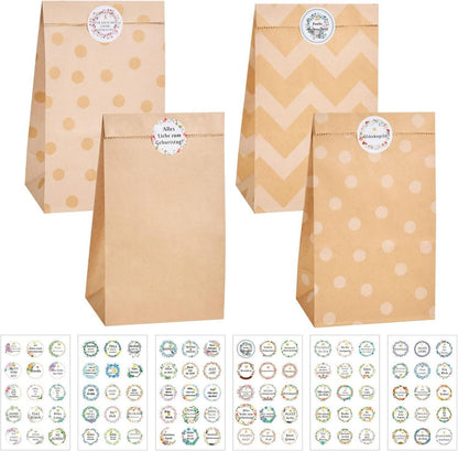 40x Kraftpapiertüten Braun mit 90 Aufklebern - Geschenktüten Papier