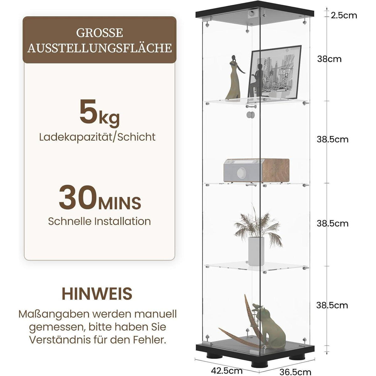Standvitrine Schwarz – Glasvitrine mit 4 Böden & Schloss