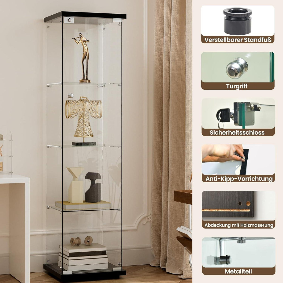 Standvitrine Schwarz – Glasvitrine mit 4 Böden & Schloss