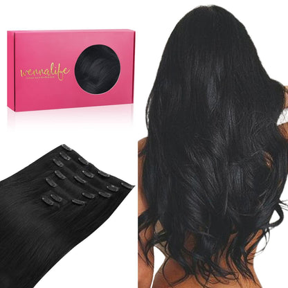 Clip-in Echthaarverlängerungen 45cm Tief Schwarz 120g 7tlg Remy