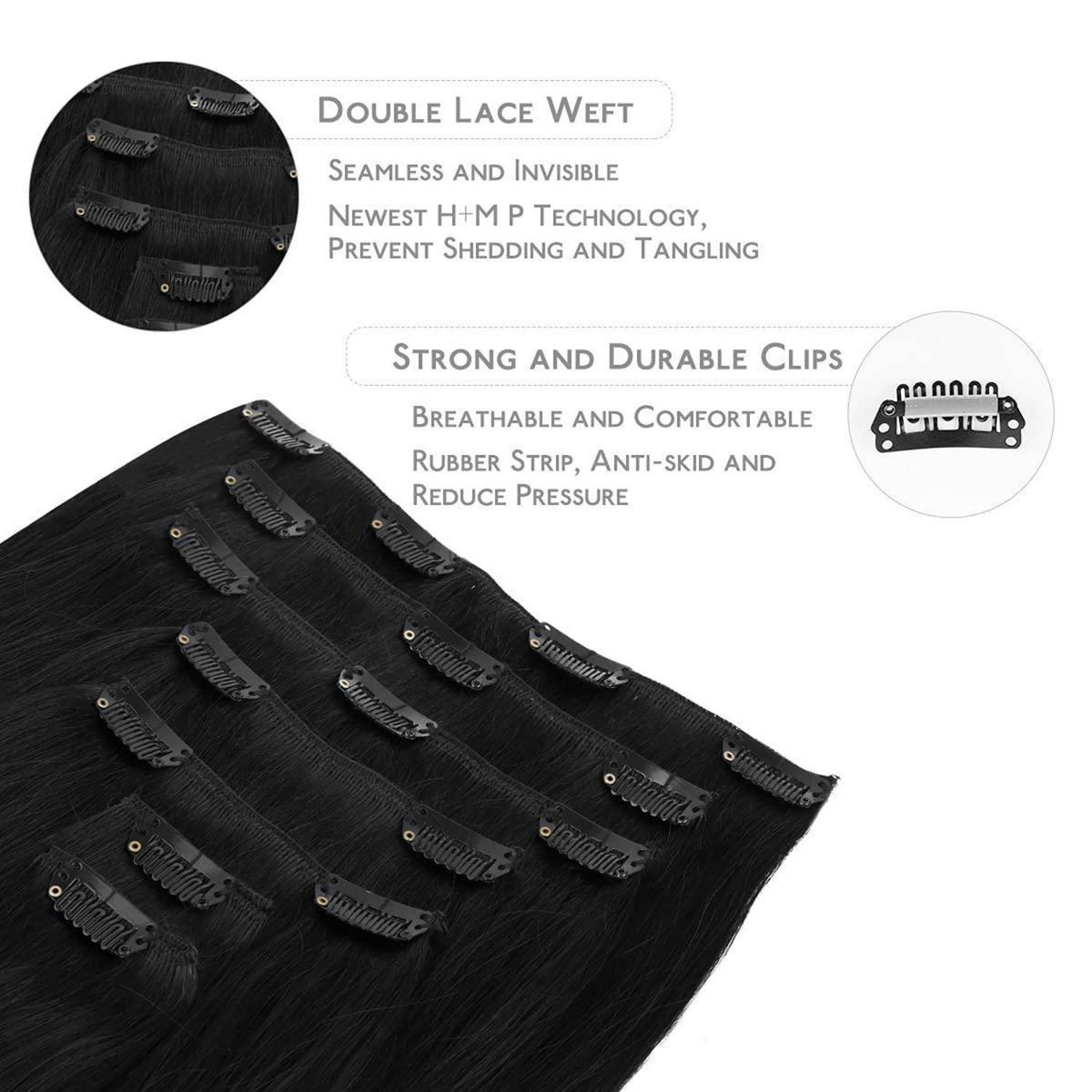 Clip-in Echthaarverlängerungen 45cm Tief Schwarz 120g 7tlg Remy