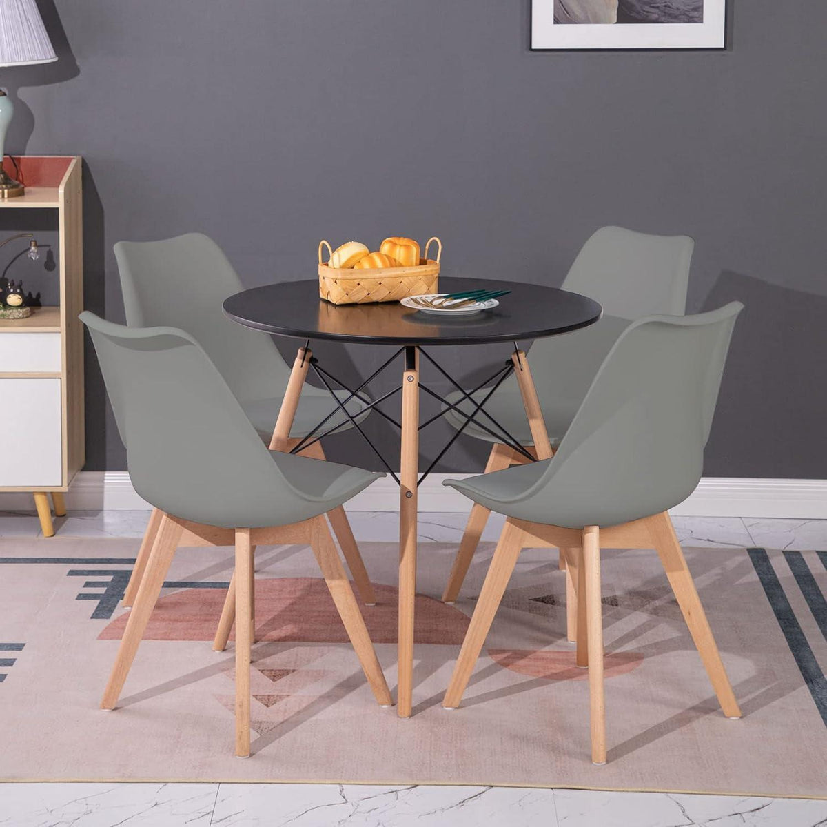Rundes Esszimmer-Set mit 4 skandinavischen Stühlen Schwarz