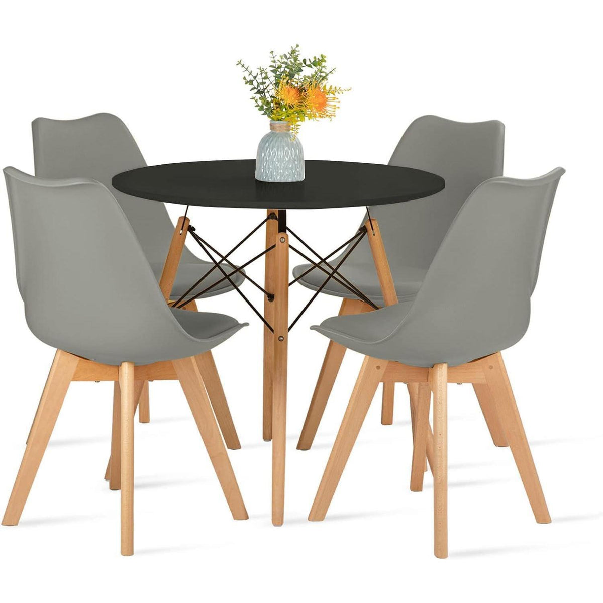 Rundes Esszimmer-Set mit 4 skandinavischen Stühlen Schwarz