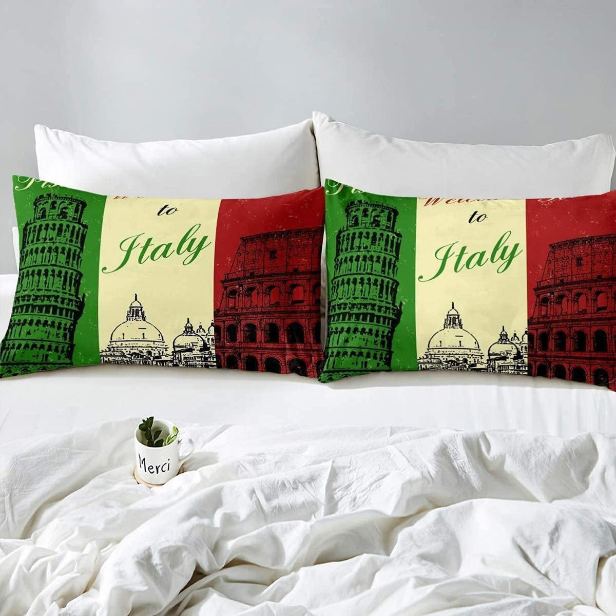 Bettwäsche-Set Gebäude Rot Grün Beige 155x220cm mit Kissenbezug