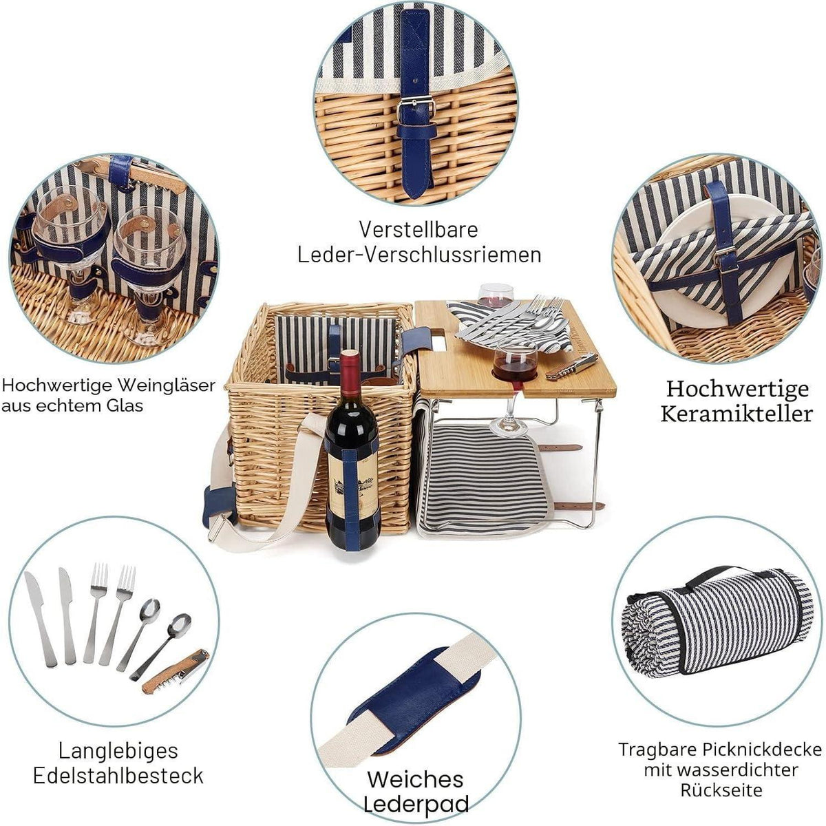 Picknickkorb Set für 2 Personen mit Weintisch & Zubehör