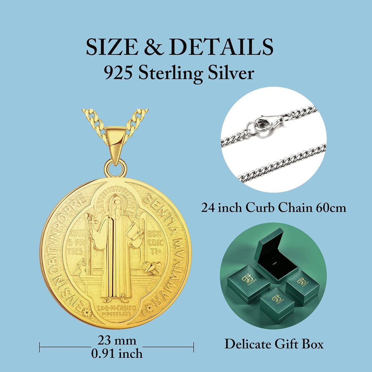 Heiliger Benedikt Kette 925 Sterling Silber vergoldet