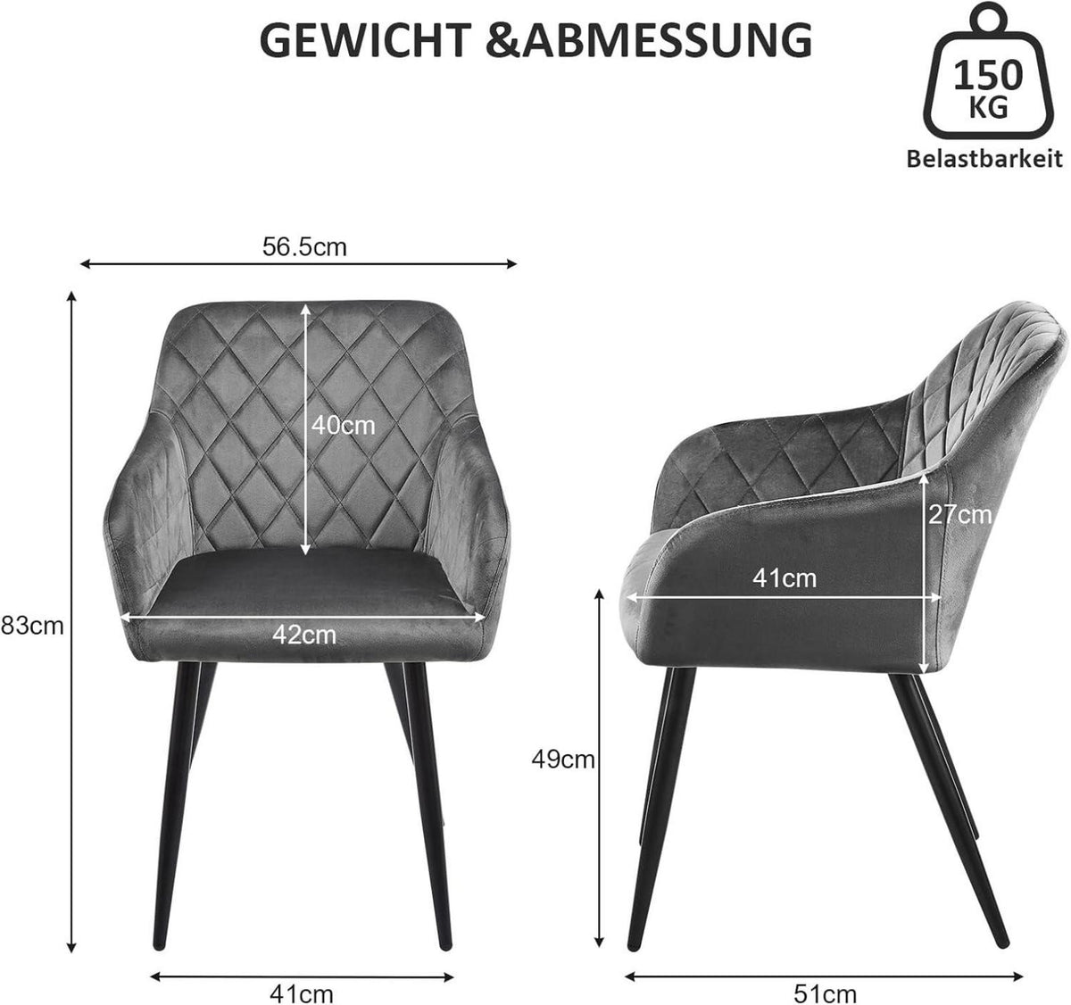 Esszimmerstühle 2er Set Samt Bezug Polsterstuhl Armlehne Metallbeine
