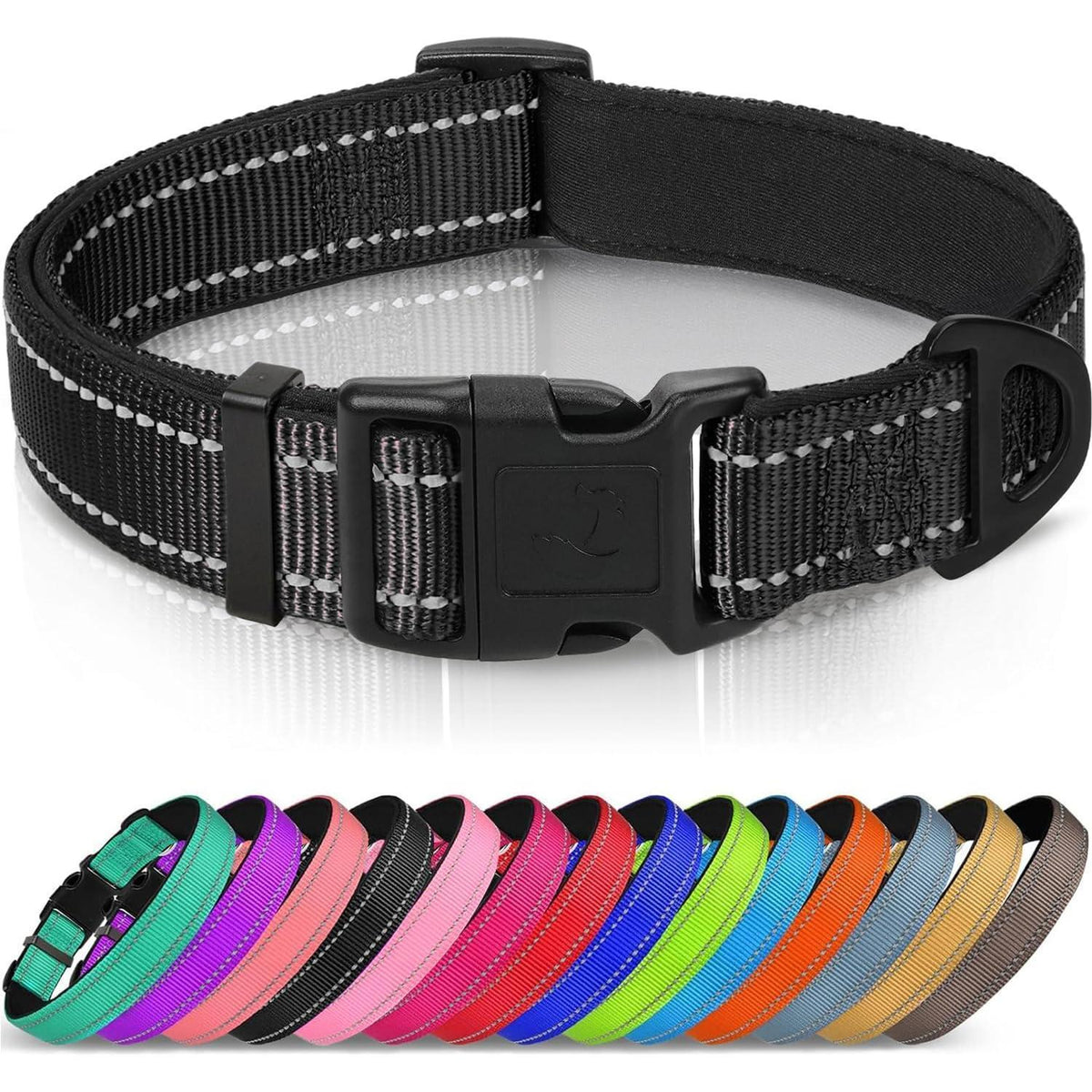 Gepolstertes Hundehalsband aus Neopren & Nylon, verstellbar, reflektierend, XL Schwarz