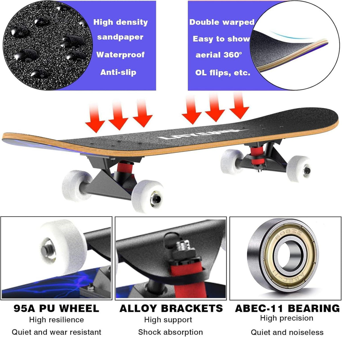 Skateboard 31 Zoll Komplettset 7-lagiges Ahorn ABEC-11 Halterung Blau