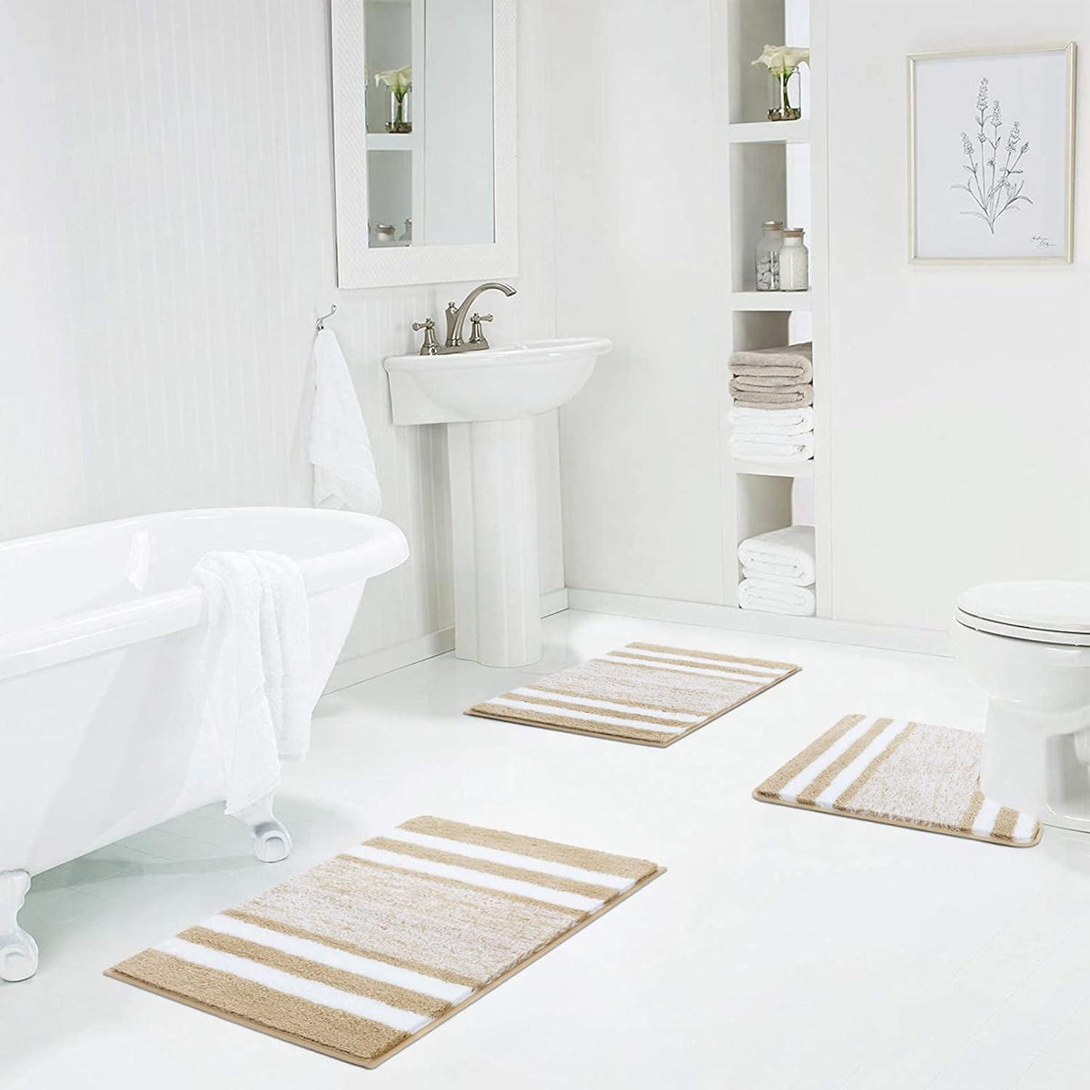 3-teiliges Badteppich Set Beige, Mikrofaser, rutschfest, saugfähig