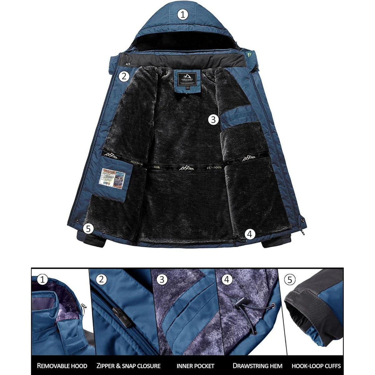 Herren Winterjacke Wasserdicht Warm Blau Skijacke Outdoor