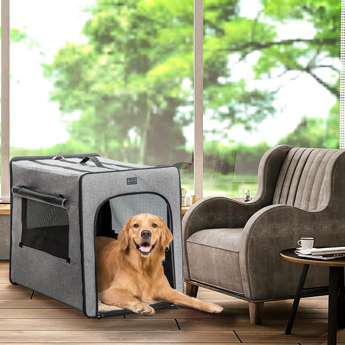 Hundetransportbox Groß, Hellgrau, 79x53.5x66cm mit Plüschmatte