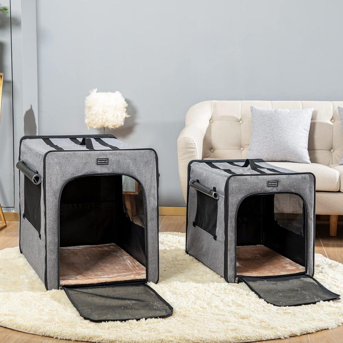 Hundetransportbox Groß, Hellgrau, 79x53.5x66cm mit Plüschmatte