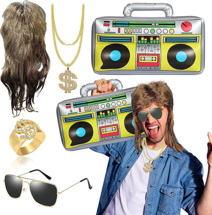Fasching Karneval Kostüm 5 in 1 Set Vokuhila Perücke Hip Hop Zubehör