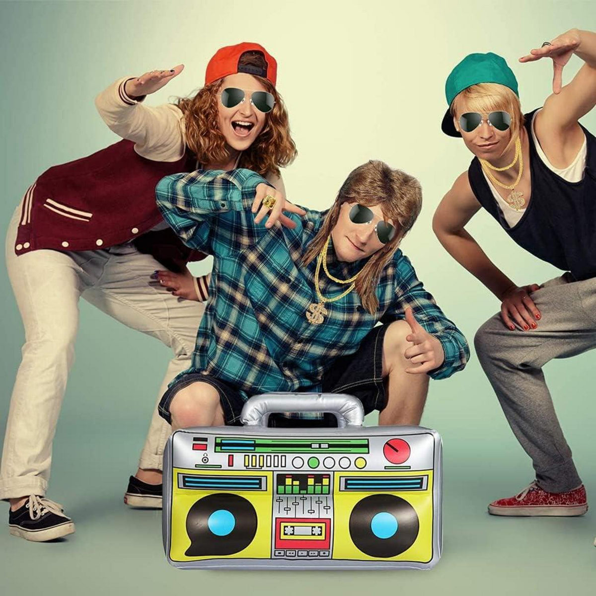 80er 90er Hip Hop Rapper Kostüm Set Vokuhila Perücke Boombox Goldkette
