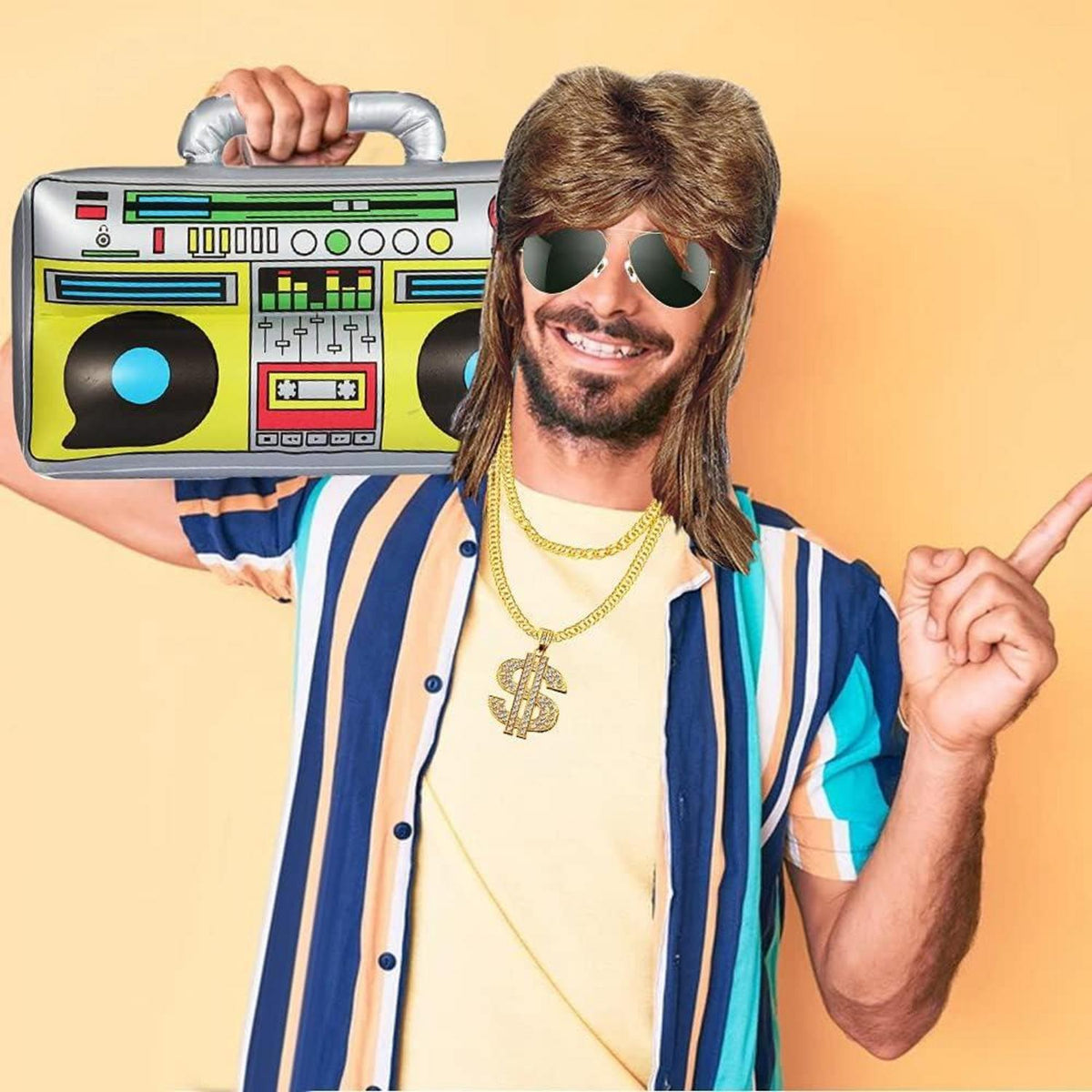 80er 90er Hip Hop Rapper Kostüm Set Vokuhila Perücke Boombox Goldkette