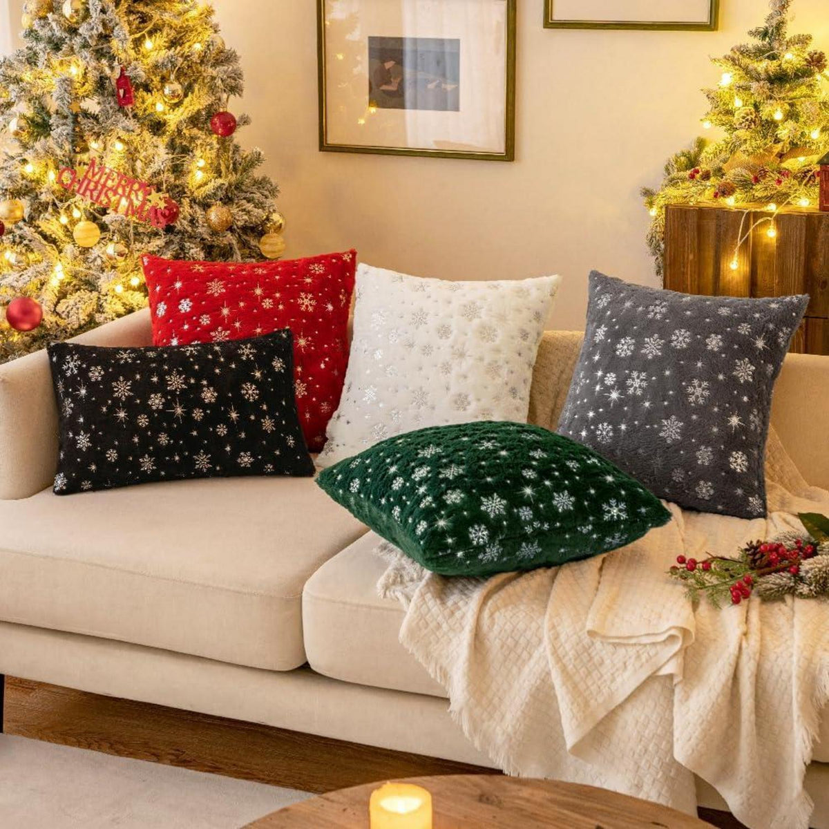 Kissenbezüge Weihnachten 2er Set Flauschig Schneeflocken 45x45 cm Weiß