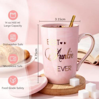 Tasse "Best Auntie Ever" mit Deckel & Löffel – Geschenk für Tante