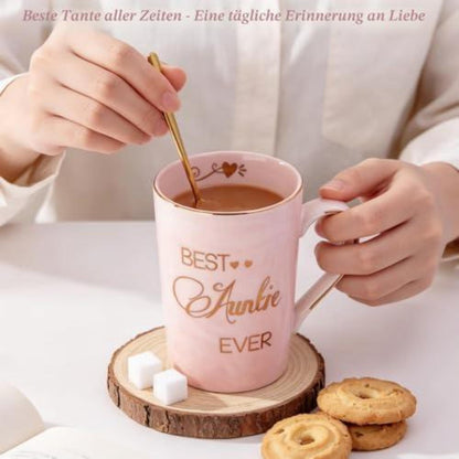 Tasse "Best Auntie Ever" mit Deckel & Löffel – Geschenk für Tante