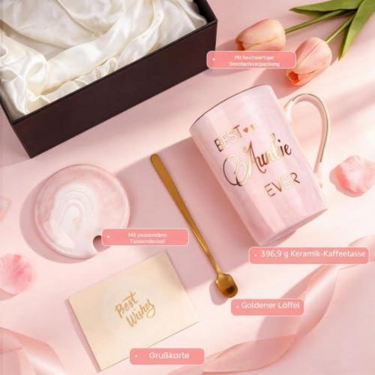 Tasse "Best Auntie Ever" mit Deckel & Löffel – Geschenk für Tante