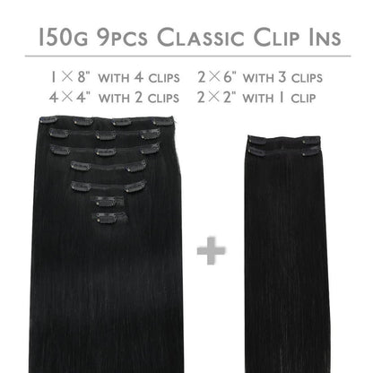 Clip In Echthaar Extensions Schwarz 40cm 150g