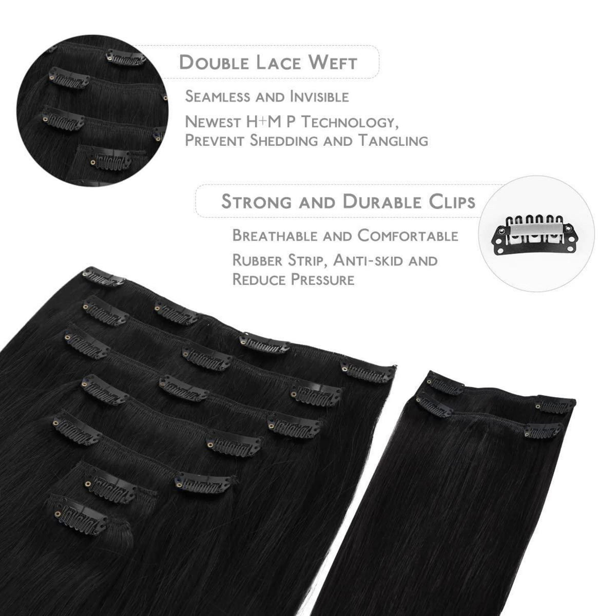 Clip In Echthaar Extensions Schwarz 40cm 150g