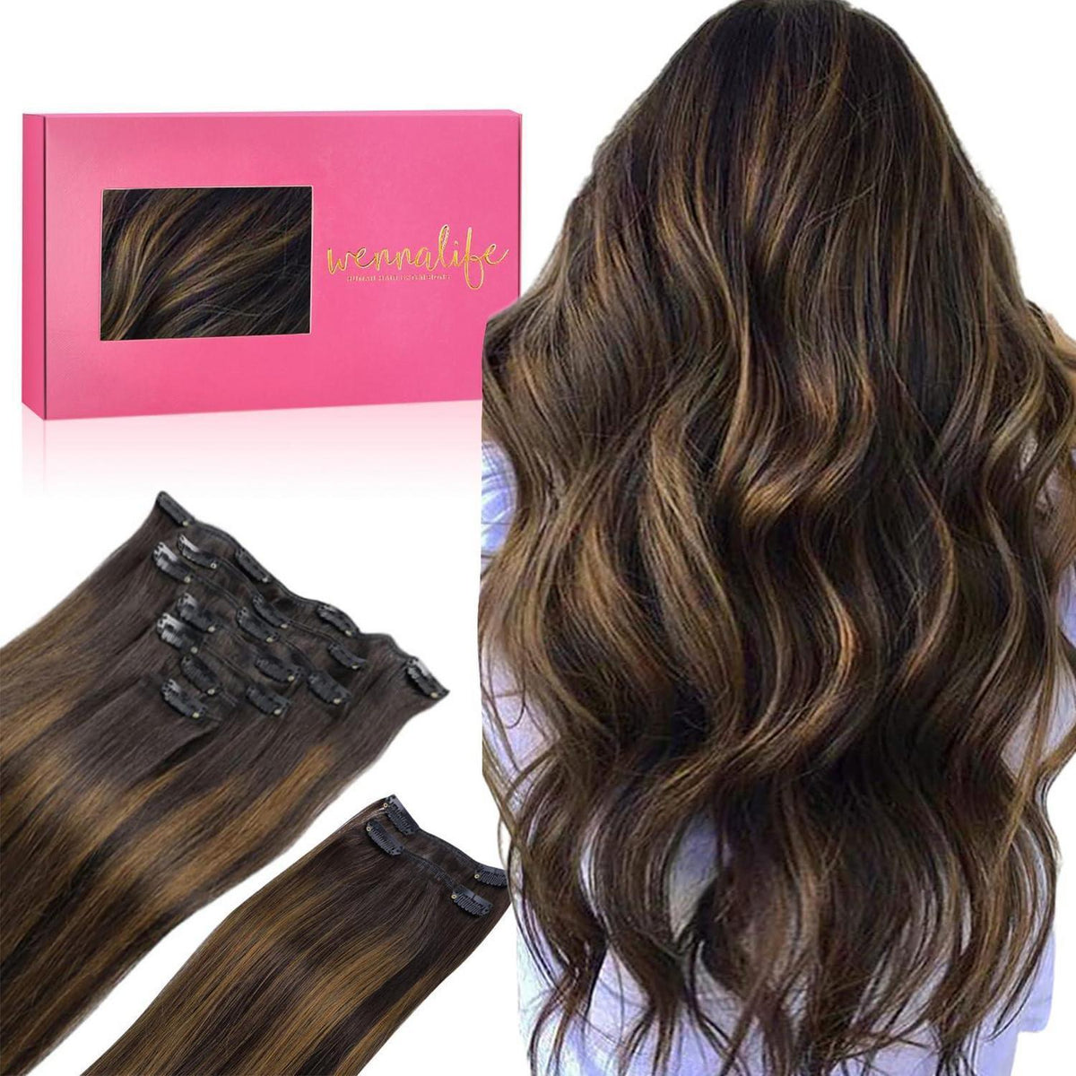 Clip-In Haarverlängerung Echthaar Dunkelbraun-Kastanienbraun 60cm