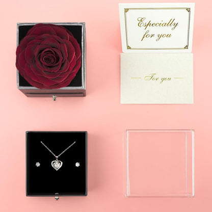 Konservierte Rose mit Herz-Halskette & Ohrringen – Ewiges Geschenk