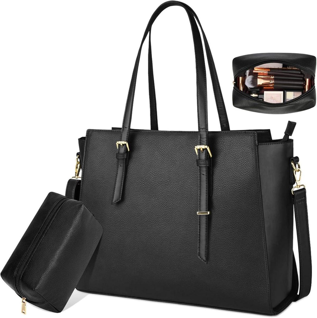 Handtasche Damen Schwarz Groß Elegant Leder Laptop Umhängetasche 15.6