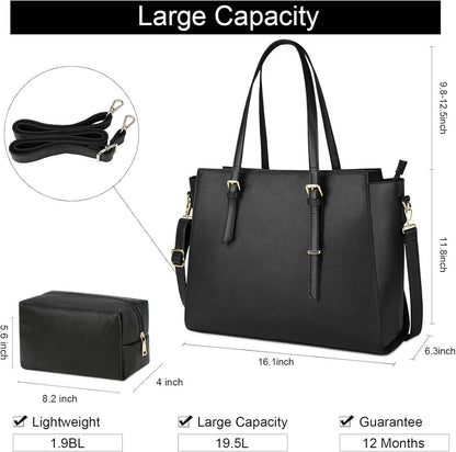 NEWHEY Handtasche Damen Shopper Groß 15.6 Zoll Schwarz Leder