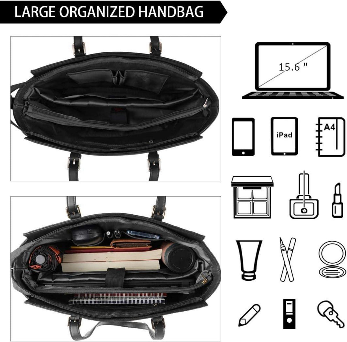 Handtasche Damen Schwarz Groß Elegant Leder Laptop Umhängetasche 15.6