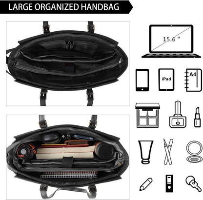 Handtasche Damen Schwarz Groß Elegant Leder Laptop Umhängetasche 15.6